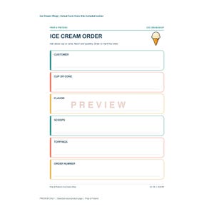 Op de afbeelding: Een printbaar ijsbestelformulier met een kleine ijshoorngrafiek en de tekst ICE CREAM ORDER. Het document bevat gelabelde secties voor klant, beker of hoorntje, smaak, bolletjes, toppings en bestelnummer met lege regels voor invulling.