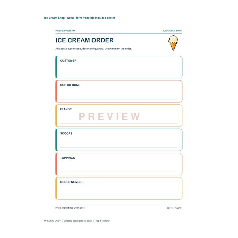 Op de afbeelding: Een printbaar ijsbestelformulier met een kleine ijshoorngrafiek en de tekst ICE CREAM ORDER. Het document bevat gelabelde secties voor klant, beker of hoorntje, smaak, bolletjes, toppings en bestelnummer met lege regels voor invulling.
