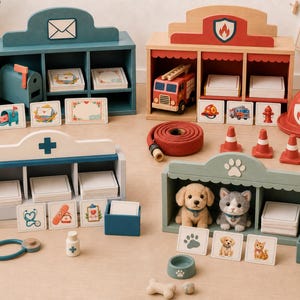 May include: A collection of wooden toy sets including a post office, fire station, hospital, and pet shop. Each set features themed accessories like a fire truck, stethoscope, plush puppy and kitten, small cards, and miniature traffic cones and hats.