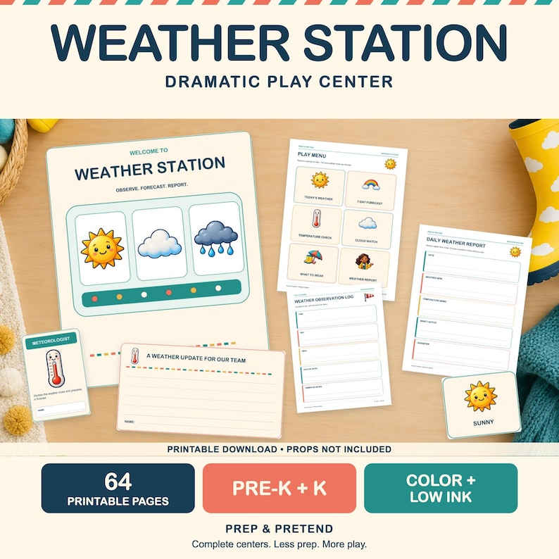K&ouml;nnte beinhalten: Ein ausdruckbares Wetterstation-Rollenspiel-Set mit verschiedenen Aktivit&auml;tsbl&auml;ttern, darunter ein Willkommensschild, ein Spielmen&uuml;, ein t&auml;glicher Wetterbericht, ein Beobachtungsprotokoll und Meteorologen-Karten mit bunten Illustrationen.