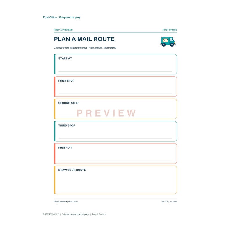 Op de afbeelding: Een printbaar activiteitenblad getiteld PLAN A MAIL ROUTE met een icoon van een kleine blauwe postwagen. Het document bevat secties met de labels START AT, FIRST STOP, SECOND STOP, THIRD STOP, FINISH AT en DRAW YOUR ROUTE met gekleurde randen.