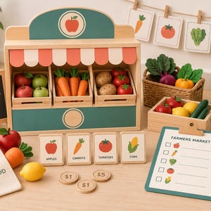 Op de afbeelding: Een houten boerenmarkt speelset met een kraam met drie kratten vol producten, waaronder appels, wortels, aardappelen en tomaten. Accessoires zijn een krijtbord, een klembord met een checklist, houten munten en een canvas tas.