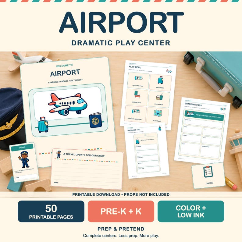 May include: A printable airport dramatic play center set featuring a welcome sign, boarding passes, baggage tags, a play menu, and pilot identification cards. The documents include illustrations of airplanes, suitcases, and passports with text.