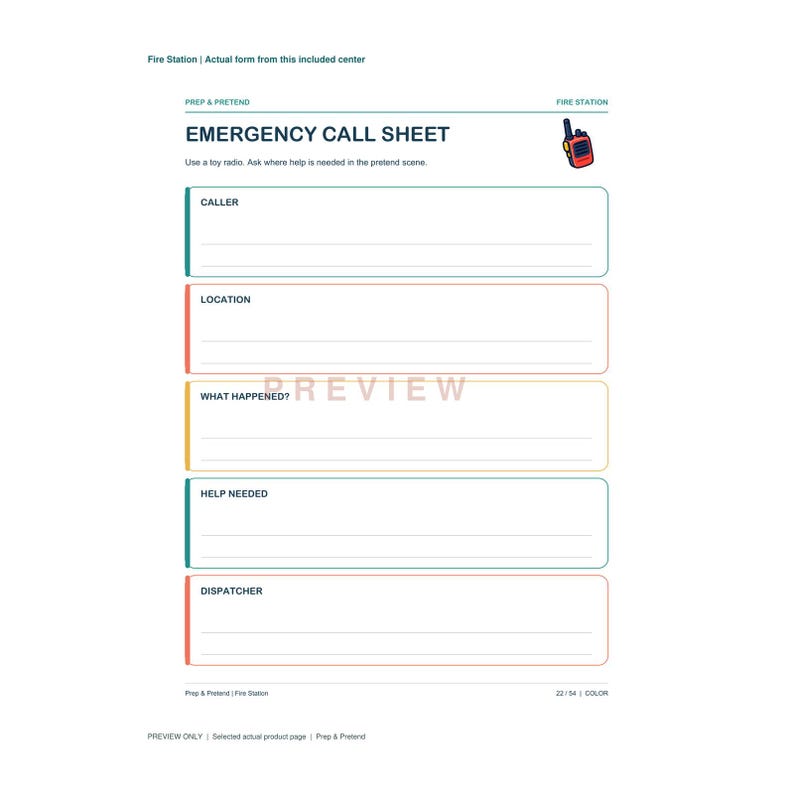 May include: A white emergency call sheet document with the text "EMERGENCY CALL SHEET" and a small radio icon. It features five labeled sections for Caller, Location, What Happened, Help Needed, and Dispatcher, each with blank lines for writing.