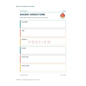 K&ouml;nnte beinhalten: Ein druckbares B&auml;ckerei-Bestellformular mit einer Cupcake-Illustration und Abschnitten f&uuml;r Kunde, Artikel, Menge, Geschmack, Abholzeit und eine besondere Notiz. Das Dokument enth&auml;lt den Text Bakery Order Form und Prep & Pretend.