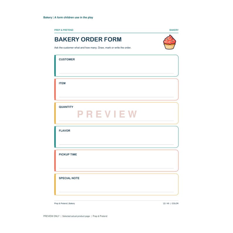 K&ouml;nnte beinhalten: Ein druckbares B&auml;ckerei-Bestellformular mit einer Cupcake-Illustration und Abschnitten f&uuml;r Kunde, Artikel, Menge, Geschmack, Abholzeit und eine besondere Notiz. Das Dokument enth&auml;lt den Text Bakery Order Form und Prep & Pretend.