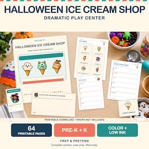 Könnte beinhalten: Ein druckbares Halloween-Eisdielen-Rollenspiel-Set mit einem Willkommensschild, einer Speisekarte, einem Kassenbon und Bestellformularen. Die Seiten enthalten farbenfrohe Illustrationen von Eiswaffeln, Geistern und Monstern.