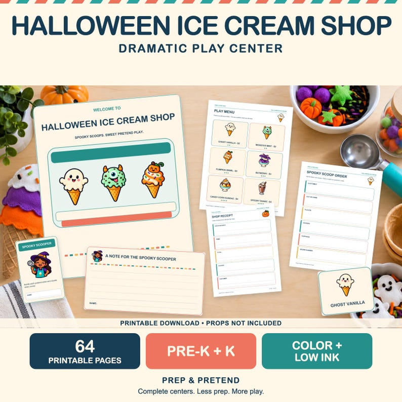 Utskrivbara Halloween-dramatiska lekar med glassbutik | Låtsaslek för förskola | PDF med 64 sidor bild 1