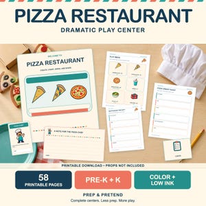 Könnte beinhalten: Ein druckbares Set für ein Pizza-Restaurant-Rollenspiel mit 58 Seiten, darunter ein Willkommensschild, eine Speisekarte, Bestellzettel, Quittungen und Notizen für den Koch. Das Set enthält bunte Illustrationen von Pizzastücken und einem Koch.