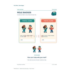 Op de afbeelding: Een printbaar blad met rollenbadges voor een postkantoorthema met twee rechthoekige kaarten met blauwgroene en koraalkleurige randen. Elke kaart toont de tekst POSTAL CLERK, illustraties van postmedewerkers en een lege regel voor een naam.
