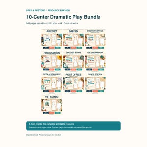 Puede incluir: Un paquete de juego dramático de 10 centros con 543 páginas de recursos imprimibles para temas que incluyen aeropuerto, panadería, consultorio médico, estación de bomberos, supermercado, heladería, pizzería, oficina de correos, estación espacial y clínica veterinaria.