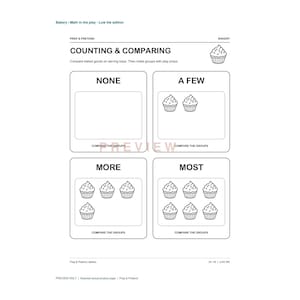K&ouml;nnte beinhalten: Ein schwarz-wei&szlig;es Arbeitsblatt mit dem Titel Counting & Comparing, das vier K&auml;stchen mit den Beschriftungen None, A Few, More und Most enth&auml;lt. Jedes K&auml;stchen zeigt Strichzeichnungen von Cupcakes zur Veranschaulichung von Mengenvergleichen.