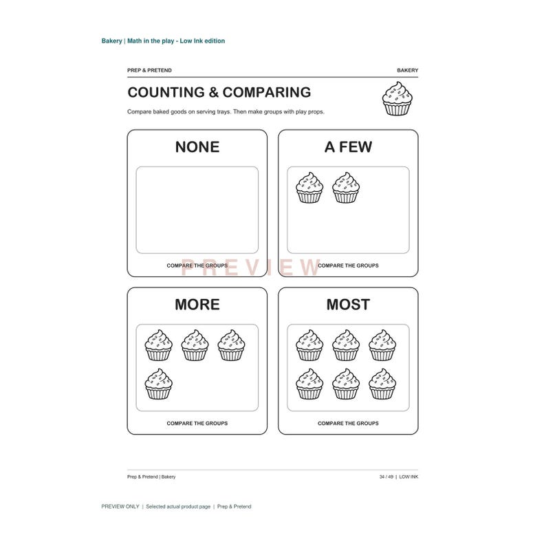 K&ouml;nnte beinhalten: Ein schwarz-wei&szlig;es Arbeitsblatt mit dem Titel Counting & Comparing, das vier K&auml;stchen mit den Beschriftungen None, A Few, More und Most enth&auml;lt. Jedes K&auml;stchen zeigt Strichzeichnungen von Cupcakes zur Veranschaulichung von Mengenvergleichen.