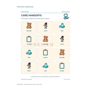 May include: A printable activity sheet titled CARE HANDOFFS for a doctor's office theme. It features a grid of twelve cards with illustrations of a teddy bear, a doctor, a medical clipboard, and a baby bottle on a blanket, labeled with text.