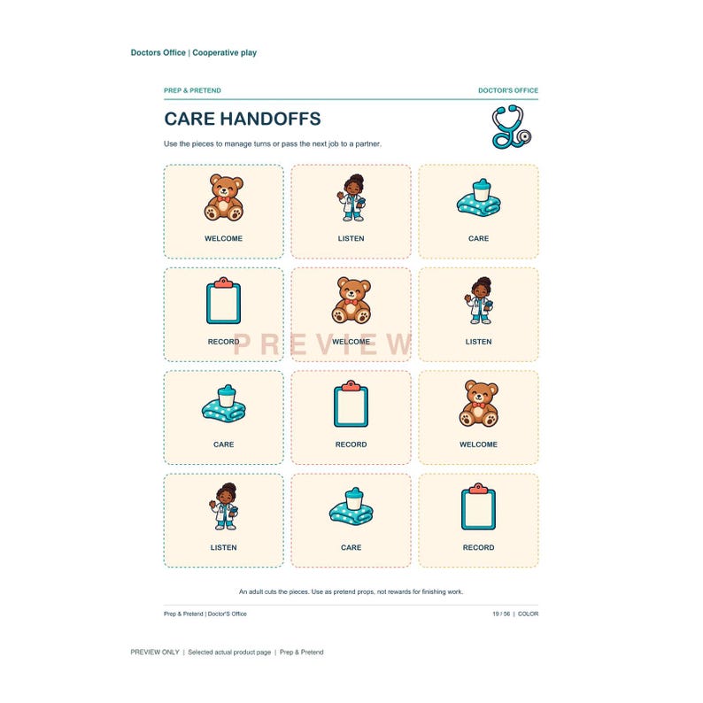 May include: A printable activity sheet titled CARE HANDOFFS for a doctor's office theme. It features a grid of twelve cards with illustrations of a teddy bear, a doctor, a medical clipboard, and a baby bottle on a blanket, labeled with text.