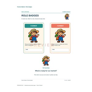 May include: Two rectangular role badges labeled FARMER with a cartoon illustration of a person in a straw hat and blue overalls holding carrots. Each badge includes the text: Brings produce to market and checks what is ready to sell and NAME.