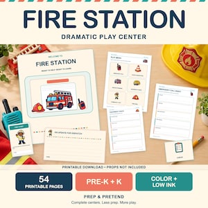 K&ouml;nnte beinhalten: Ein druckbares Rollenspiel-Set f&uuml;r eine Feuerwache mit 54 Seiten, darunter ein Willkommensschild, ein Spielmen&uuml;, ein Notrufblatt, eine Ausr&uuml;stungs-Checkliste und Dispatch-Update-Karten mit Illustrationen von Feuerwehrautos und Helmen.