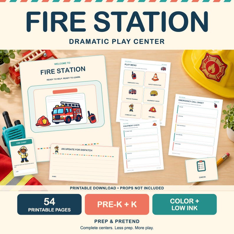 K&ouml;nnte beinhalten: Ein druckbares Rollenspiel-Set f&uuml;r eine Feuerwache mit 54 Seiten, darunter ein Willkommensschild, ein Spielmen&uuml;, ein Notrufblatt, eine Ausr&uuml;stungs-Checkliste und Dispatch-Update-Karten mit Illustrationen von Feuerwehrautos und Helmen.