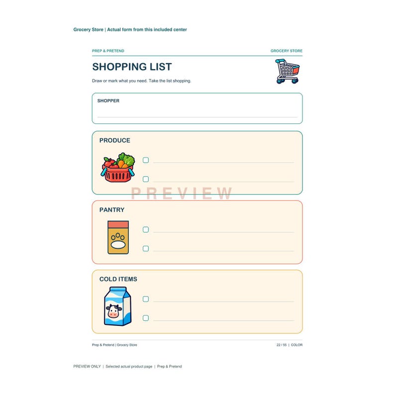 Puede incluir: Un formulario de lista de compras imprimible titulado SHOPPER, PRODUCE, PANTRY y COLD ITEMS. Incluye un icono de carrito, una cesta roja de productos, un recipiente amarillo de comida para mascotas y un cart&oacute;n de leche azul con una vaca.