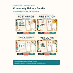 Puede incluir: Un paquete de recursos digitales Community Helpers Bundle con 221 páginas para centros de juego dramático que incluyen oficina de correos, estación de bomberos, consultorio médico y clínica veterinaria. Páginas imprimibles A4 y US Letter.