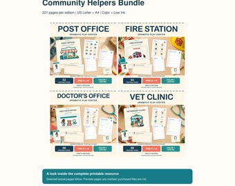 Op de afbeelding: Een digitale Community Helpers Bundle resource preview met 221 pagina's voor rollenspelcentra zoals postkantoor, brandweerkazerne, dokterspraktijk en dierenkliniek. Bevat printbare pagina's in US Letter en A4-formaat, kleur en low ink.