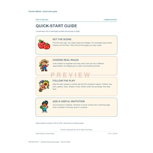 May include: A Farmers Market quick-start guide document featuring four instructional sections: Set the Scene, Choose Real Roles, Follow the Play, and Add a Useful Invitation. Each section includes a cartoon illustration and text instructions.