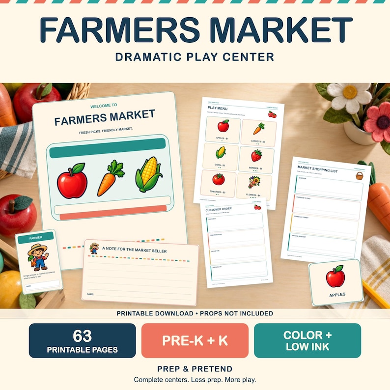 May include: A printable Farmers Market dramatic play center set featuring 63 pages including a welcome sign, play menu, customer order forms, shopping lists, and labels. The documents display colorful illustrations of apples, carrots, and corn.