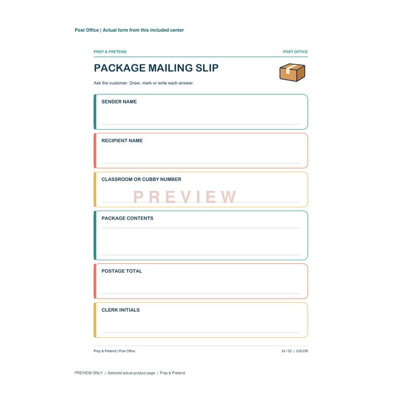 May include: A white paper package mailing slip form with teal, coral, and yellow borders. The document features fields for sender name, recipient name, classroom or cubby number, package contents, postage total, and clerk initials with text.