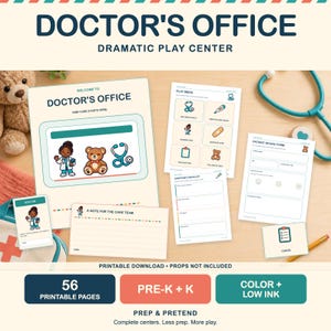 Puede incluir: Un set imprimible de centro de juego dramático de consultorio médico con 56 páginas que incluye letrero de bienvenida, menú de juego, formulario de admisión, lista de síntomas y tarjetas. Los documentos muestran ilustraciones de médico, oso y estetoscopio.