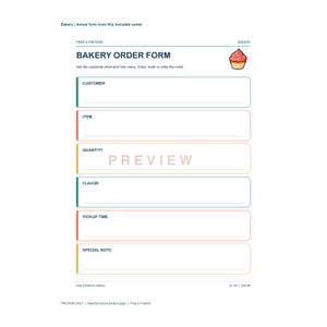 Op de afbeelding: Een printbaar bestelformulier voor een bakkerij met een cupcake-afbeelding en secties voor klant, item, hoeveelheid, smaak, ophaaltijd en een speciale notitie. Het document bevat de tekst Bakery Order Form en het woord Preview in het midden.