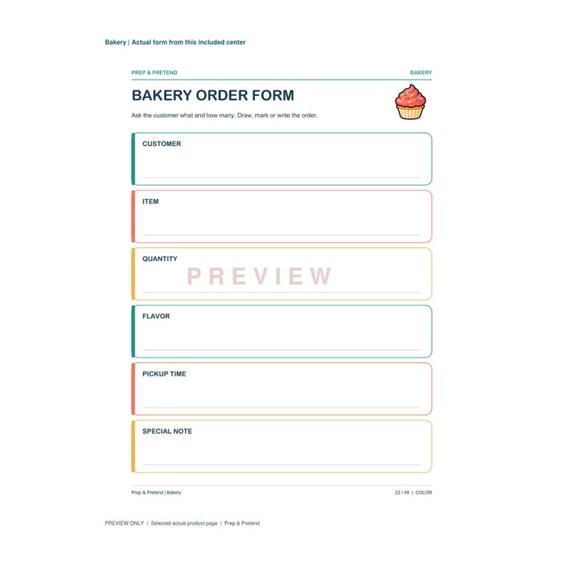 Op de afbeelding: Een printbaar bestelformulier voor een bakkerij met een cupcake-afbeelding en secties voor klant, item, hoeveelheid, smaak, ophaaltijd en een speciale notitie. Het document bevat de tekst Bakery Order Form en het woord Preview in het midden.