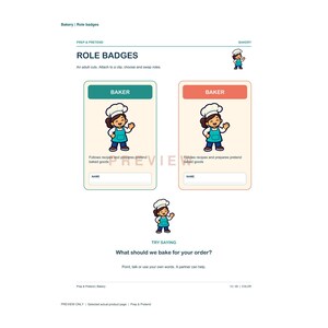 K&ouml;nnte beinhalten: Ein druckbares Blatt mit dem Titel Role Badges, das zwei rechteckige Karten mit dem Text Baker, einer Cartoon-Illustration eines B&auml;ckers und einem Namensfeld enth&auml;lt. Das Blatt enth&auml;lt Anweisungen zum Ausschneiden und einen Bereich Try Saying.
