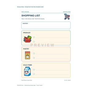 Op de afbeelding: Een afdrukbaar boodschappenlijstformulier met de titels SHOPPER, PRODUCE, PANTRY en COLD ITEMS. Het bevat een winkelwagenpictogram, een rode mand met producten, een gele voerbak voor huisdieren en een blauw melkpak met een koeiengezicht en vakjes.