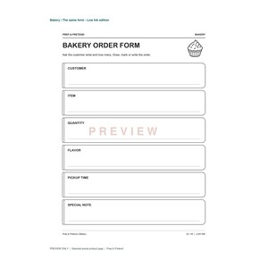 K&ouml;nnte beinhalten: Ein schwarz-wei&szlig;es B&auml;ckerei-Bestellformular mit einem Cupcake-Symbol und Feldern f&uuml;r Kunde, Artikel, Menge, Geschmack, Abholzeit und eine spezielle Notiz. Der Text enth&auml;lt Prep & Pretend, Bakery Order Form und das Wort PREVIEW in hellem Rot.