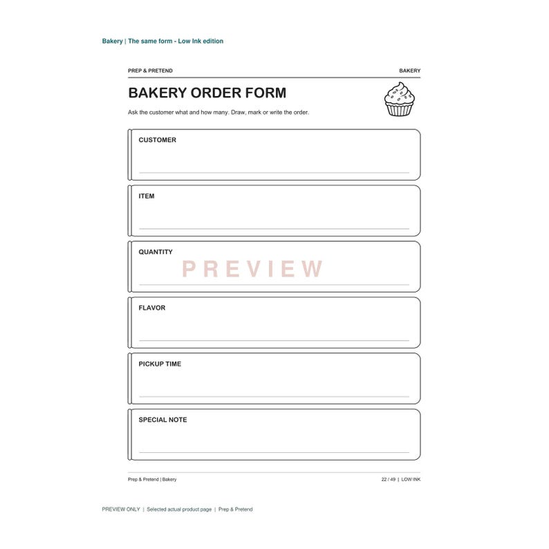 K&ouml;nnte beinhalten: Ein schwarz-wei&szlig;es B&auml;ckerei-Bestellformular mit einem Cupcake-Symbol und Feldern f&uuml;r Kunde, Artikel, Menge, Geschmack, Abholzeit und eine spezielle Notiz. Der Text enth&auml;lt Prep & Pretend, Bakery Order Form und das Wort PREVIEW in hellem Rot.