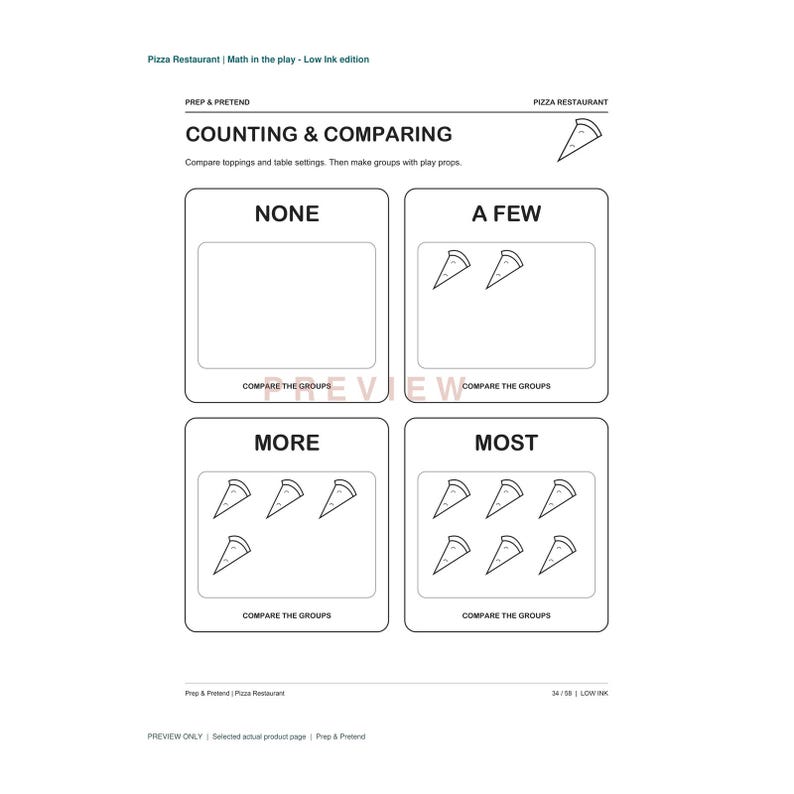 May include: A black and white educational worksheet titled Counting & Comparing, featuring four rectangular boxes labeled None, A Few, More, and Most. Each box contains varying quantities of simple line-drawn pizza slice icons for math practice.