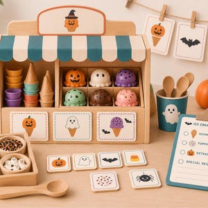 Utskrivbara Halloween-dramatiska lekar med glassbutik | Låtsaslek för förskola | PDF med 64 sidor