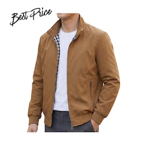May include: A tan zip-up jacket with a stand-up collar, long sleeves with ribbed cuffs, and two zippered side pockets. The interior lining features a black and white checkered pattern. The text Best Price is visible in the upper left corner.