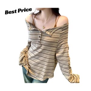 May include: A long-sleeved shirt with a horizontal striped pattern in shades of beige, brown, and grey. The shirt features a wide neckline, a partial button-down placket with three dark buttons, and the text Best Price printed in the upper left corner.