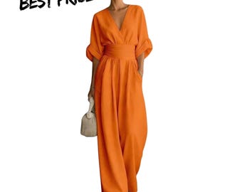 Elegant Women High Waist Jumpsuit V Neck Wide Leg Pants Casual Summer Romper Outfit