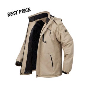 May include: A beige jacket with a black inner lining, a high collar, and a hood. The jacket features black zipper accents on the front pockets and chest, with the text BEST PRICE printed in black in the upper left corner of the image.