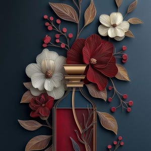 May include: A paper quilling art piece featuring a rectangular bottle with a gold cap and red liquid, surrounded by layered paper flowers in shades of deep red and cream, accompanied by brown paper leaves and small red berries on a dark blue background.