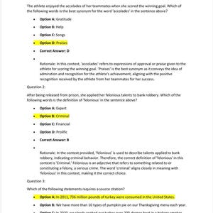 May include: A document titled ACTUAL TEAS 7 EXAM SETS 1,2,3 ENGLISH AND LANGUAGE USAGE containing three multiple-choice questions. Each question includes options, a highlighted correct answer, and a rationale explaining the reasoning.