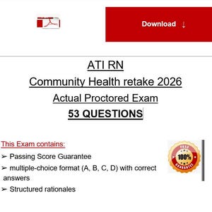 May include: A digital document titled ATI RN Community Health retake 2026 Actual Proctored Exam 53 QUESTIONS. It features a red download button, a list of exam contents including a passing score guarantee, multiple-choice format, and rationales.