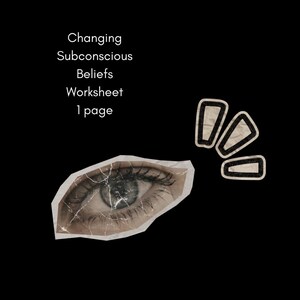 May include: A black background featuring the white text Changing Subconscious Beliefs Worksheet 1 page. Below the text is a torn paper cutout showing a detailed human eye with long lashes and a cracked texture, alongside three black outlined shapes.
