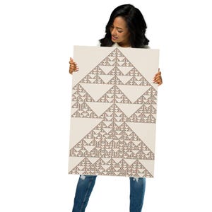 May include: A rectangular poster featuring a light beige background with a repeating brown fractal pattern. The design consists of multiple interconnected triangular shapes arranged in a geometric, self-similar structure that spans the entire surface.