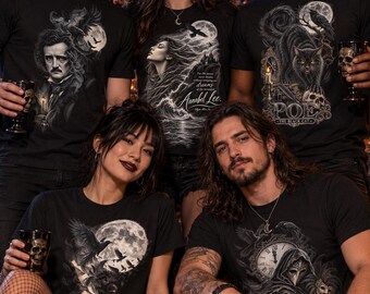 Gotisch T-shirt met Edgar Poe-afbeelding, griezelige raaf, heksenachtig Halloween-thema