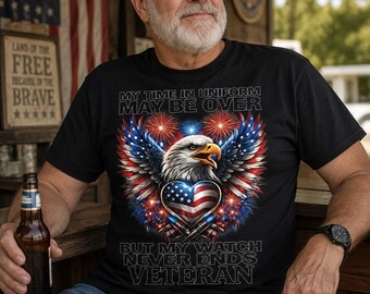 Veteranen T-shirt: Mijn horloge eindigt nooit, patriottisch T-shirt met adelaarmotief.