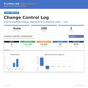 Peut inclure: Un modèle Excel intitulé Change Control Log présentant un tableau de bord avec des indicateurs de projet. Il affiche des données sur les demandes de changement, les valeurs approuvées et en attente en livres, l'impact et le taux d'approbation.