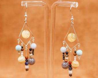 Sun, Planets, and Moons Gemstone and Sterling Silver Chandelier Earrings Handmade